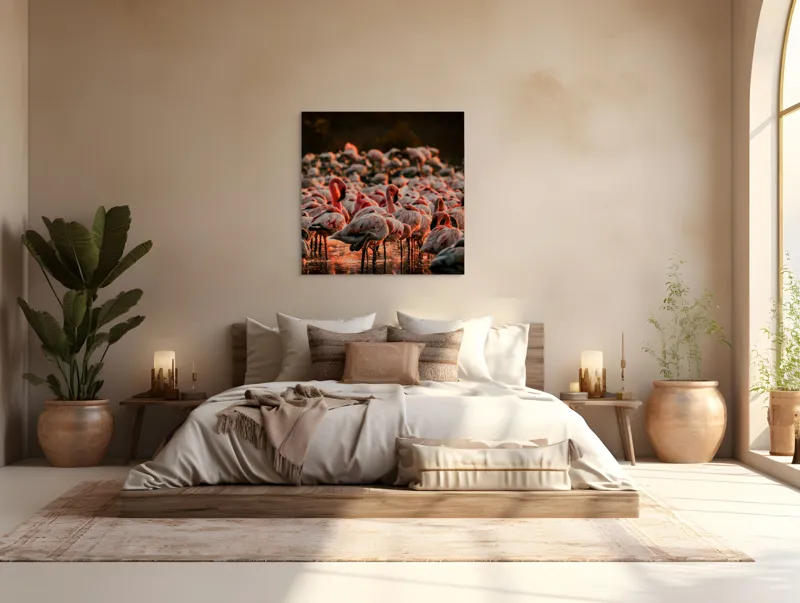 Tablou Canvas cu fluturi de flamingo \"Dansul Roz al Apei Serenității\", 100 x 100 cm – poza 4