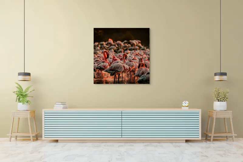 Tablou Canvas cu fluturi de flamingo \"Dansul Roz al Apei Serenității\", 100 x 100 cm – poza 5