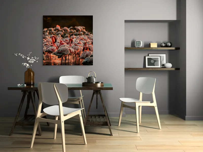 Tablou Canvas cu fluturi de flamingo \"Dansul Roz al Apei Serenității\", 100 x 100 cm – poza 6
