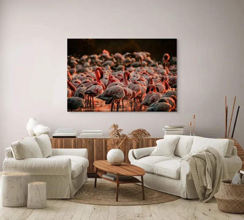 Tablou Canvas cu fluturi de flamingo \"Dansul Roz al Apei Serenității\", 150 x 100 cm – poza 3