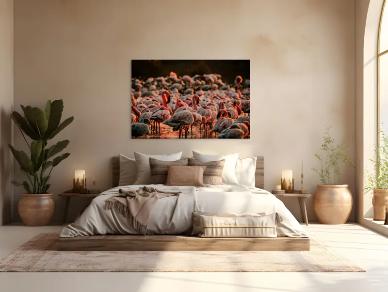 Tablou Canvas cu fluturi de flamingo \"Dansul Roz al Apei Serenității\", 150 x 100 cm – poza 4