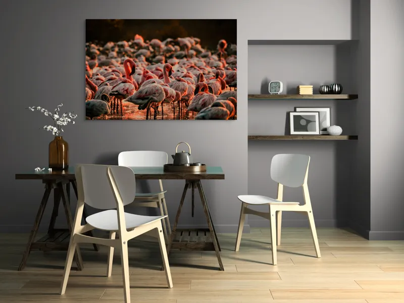 Tablou Canvas cu fluturi de flamingo \"Dansul Roz al Apei Serenității\", 150 x 100 cm – poza 5