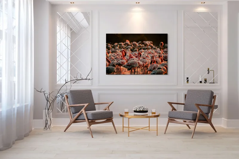 Tablou Canvas cu fluturi de flamingo \"Dansul Roz al Apei Serenității\", 150 x 100 cm – poza 7