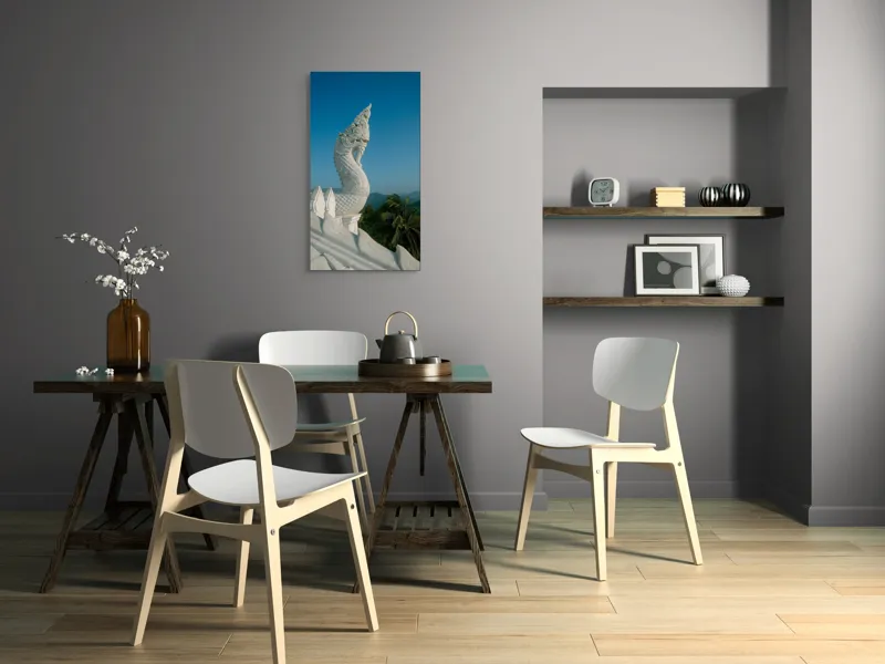 Tablou Canvas, "Statuia dragonului în zori liniștite", Dragon, Cer, Albastru, Sculptură, Palmieri, Peisaj, Montan., 50 x 90 cm – poza 4