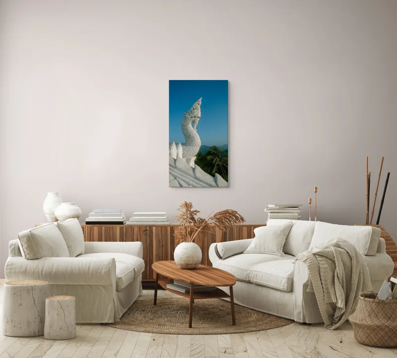 Tablou Canvas, "Statuia dragonului în zori liniștite", Dragon, Cer, Albastru, Sculptură, Palmieri, Peisaj, Montan., 50 x 90 cm – poza 7