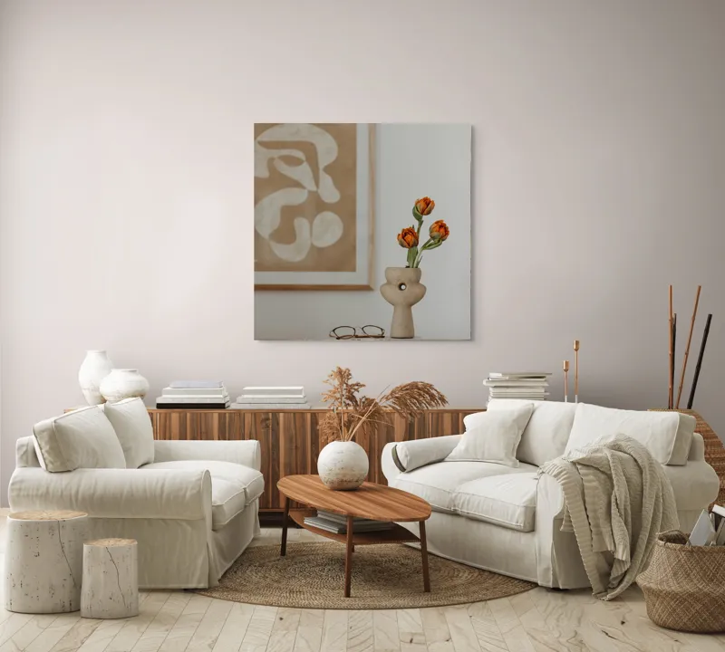 Tablou Canvas, "Flori Galbene în Liniștea Sufrageriei", 100 x 100 cm – poza 3