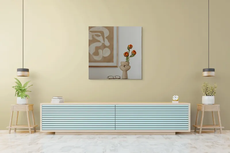 Tablou Canvas, "Flori Galbene în Liniștea Sufrageriei", 100 x 100 cm – poza 5