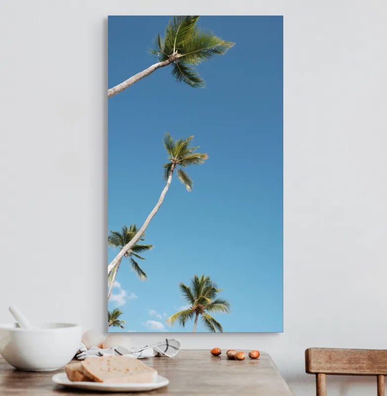 Tablou Canvas, "Palmieri sub cerul albastru senin", Cocotieri, Cer, Albastru, Frunziș, Înalt, Tropical, Liniște, Soare, Vacanță, Natură, 50 x 90 cm – poza 3