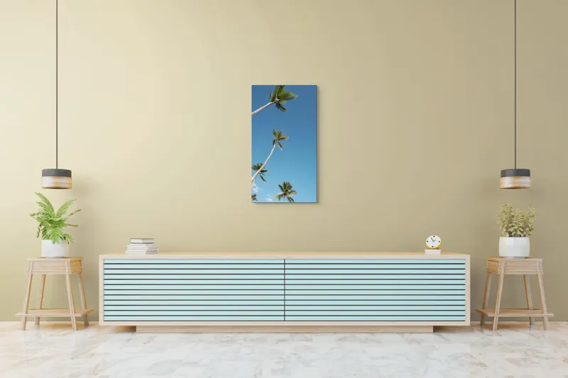 Tablou Canvas, "Palmieri sub cerul albastru senin", Cocotieri, Cer, Albastru, Frunziș, Înalt, Tropical, Liniște, Soare, Vacanță, Natură, 50 x 90 cm – poza 6