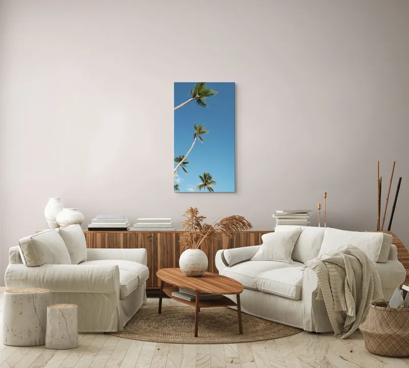 Tablou Canvas, "Palmieri sub cerul albastru senin", Cocotieri, Cer, Albastru, Frunziș, Înalt, Tropical, Liniște, Soare, Vacanță, Natură, 50 x 90 cm – poza 7