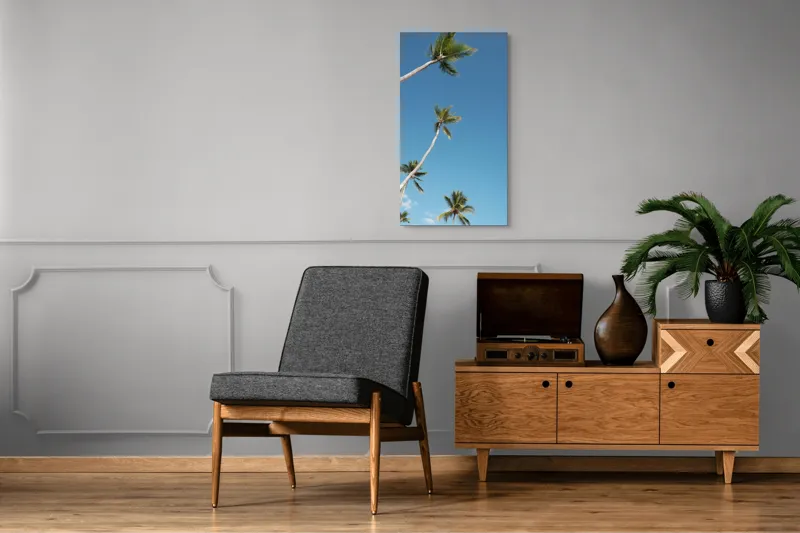 Tablou Canvas, "Palmieri sub cerul albastru senin", Cocotieri, Cer, Albastru, Frunziș, Înalt, Tropical, Liniște, Soare, Vacanță, Natură, 50 x 90 cm – poza 8