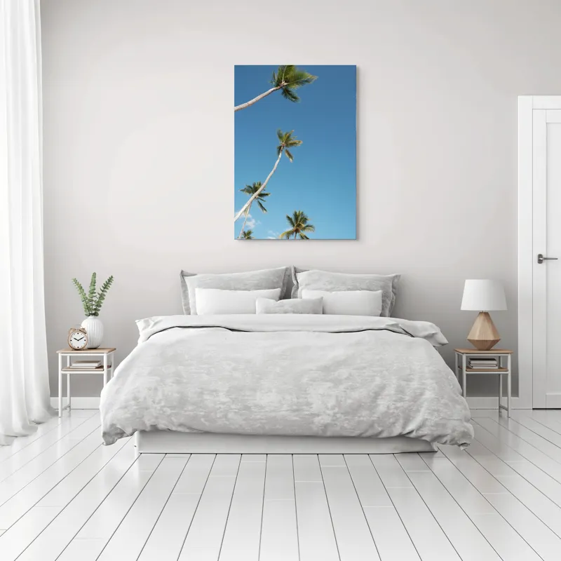 Tablou Canvas, "Palmieri sub cerul albastru senin", Cocotieri, Cer, Albastru, Frunziș, Înalt, Tropical, Liniște, Soare, Vacanță, Natură, 70 x 100 cm – poza 3