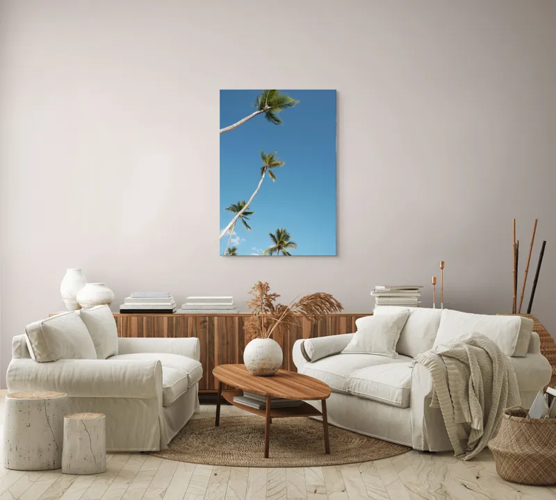 Tablou Canvas, "Palmieri sub cerul albastru senin", Cocotieri, Cer, Albastru, Frunziș, Înalt, Tropical, Liniște, Soare, Vacanță, Natură, 70 x 100 cm – poza 4