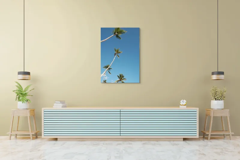 Tablou Canvas, "Palmieri sub cerul albastru senin", Cocotieri, Cer, Albastru, Frunziș, Înalt, Tropical, Liniște, Soare, Vacanță, Natură, 70 x 100 cm – poza 5