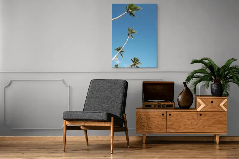 Tablou Canvas, "Palmieri sub cerul albastru senin", Cocotieri, Cer, Albastru, Frunziș, Înalt, Tropical, Liniște, Soare, Vacanță, Natură, 70 x 100 cm – poza 6