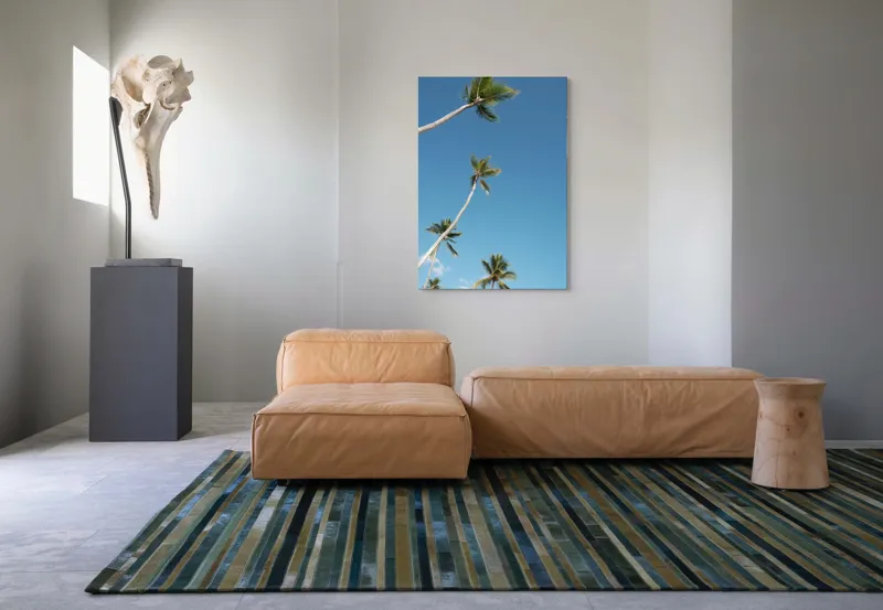 Tablou Canvas, "Palmieri sub cerul albastru senin", Cocotieri, Cer, Albastru, Frunziș, Înalt, Tropical, Liniște, Soare, Vacanță, Natură, 70 x 100 cm – poza 7