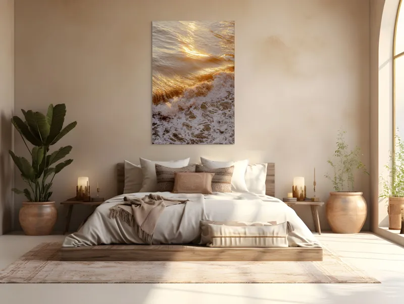Tablou Canvas cu Reflexia Soarelui pe Valuri Spumoase în Nuanțe Auriu, 100 x 150 cm – poza 3