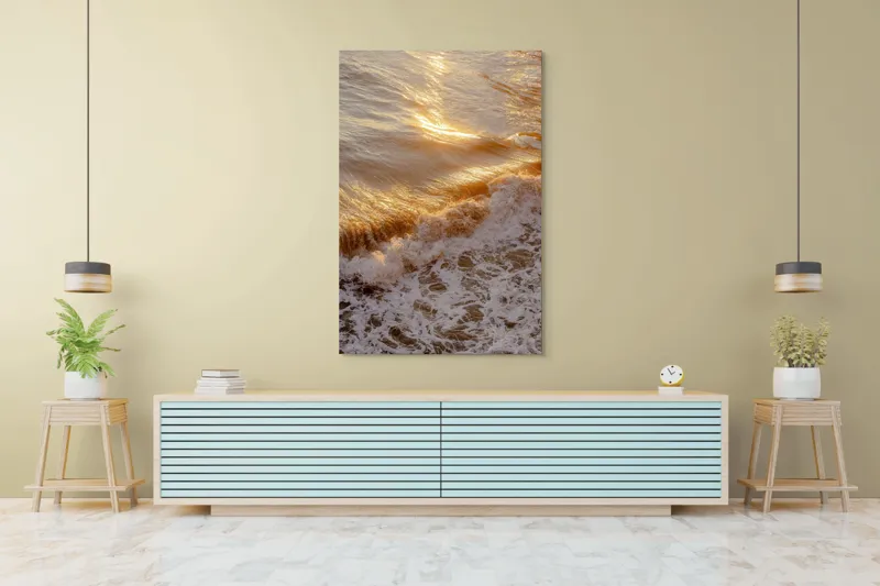 Tablou Canvas cu Reflexia Soarelui pe Valuri Spumoase în Nuanțe Auriu, 100 x 150 cm – poza 4