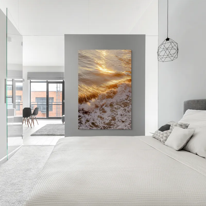 Tablou Canvas cu Reflexia Soarelui pe Valuri Spumoase în Nuanțe Auriu, 100 x 150 cm – poza 5