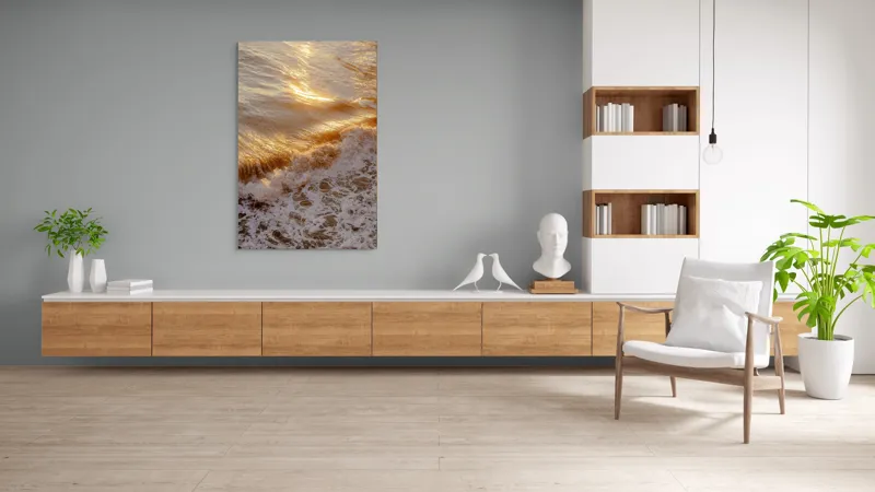 Tablou Canvas cu Reflexia Soarelui pe Valuri Spumoase în Nuanțe Auriu, 100 x 150 cm – poza 8