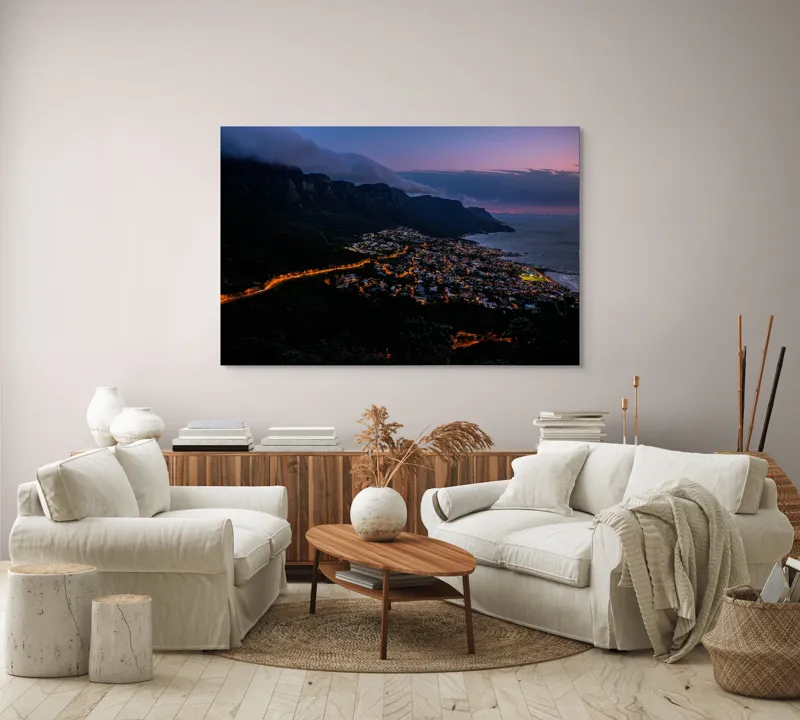 Tablou Canvas Peisaj Nocturn cu Oraș Luminat la Poalele Munților Multicolor, 150 x 100 cm – poza 3