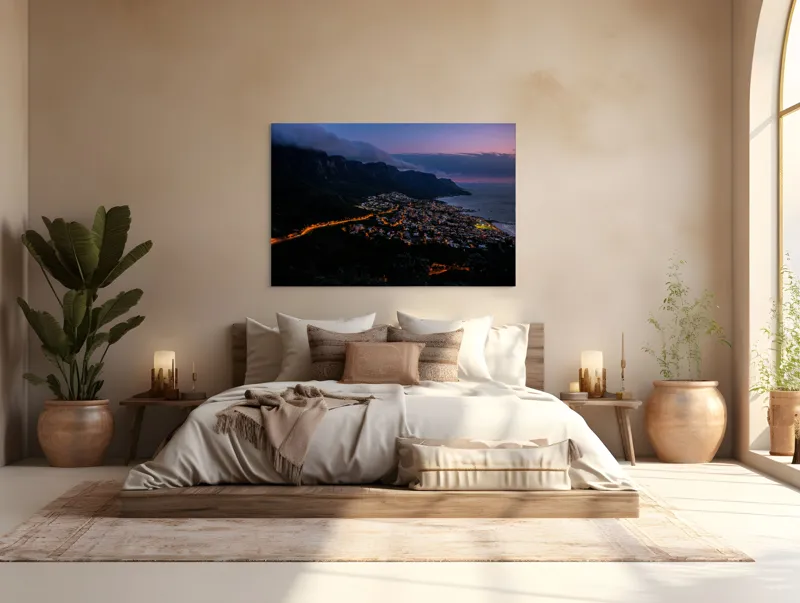 Tablou Canvas Peisaj Nocturn cu Oraș Luminat la Poalele Munților Multicolor, 150 x 100 cm – poza 4