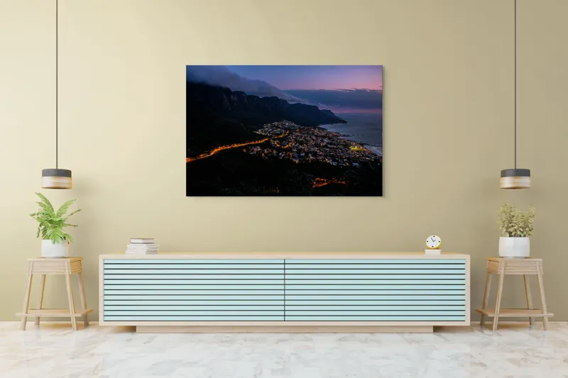 Tablou Canvas Peisaj Nocturn cu Oraș Luminat la Poalele Munților Multicolor, 150 x 100 cm – poza 6