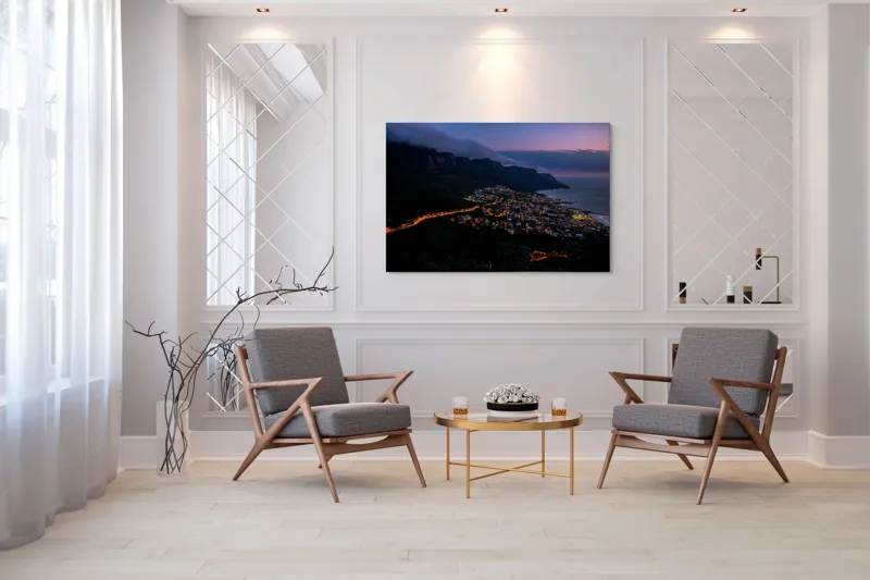 Tablou Canvas Peisaj Nocturn cu Oraș Luminat la Poalele Munților Multicolor, 150 x 100 cm – poza 7
