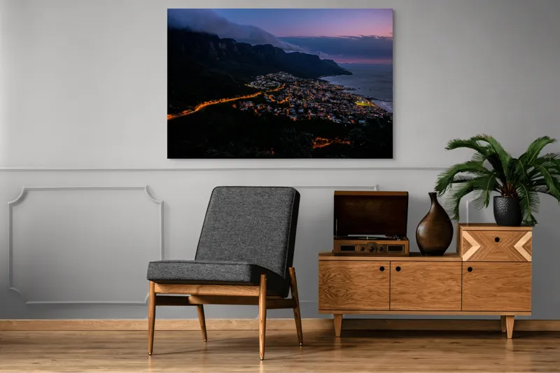 Tablou Canvas Peisaj Nocturn cu Oraș Luminat la Poalele Munților Multicolor, 150 x 100 cm – poza 8