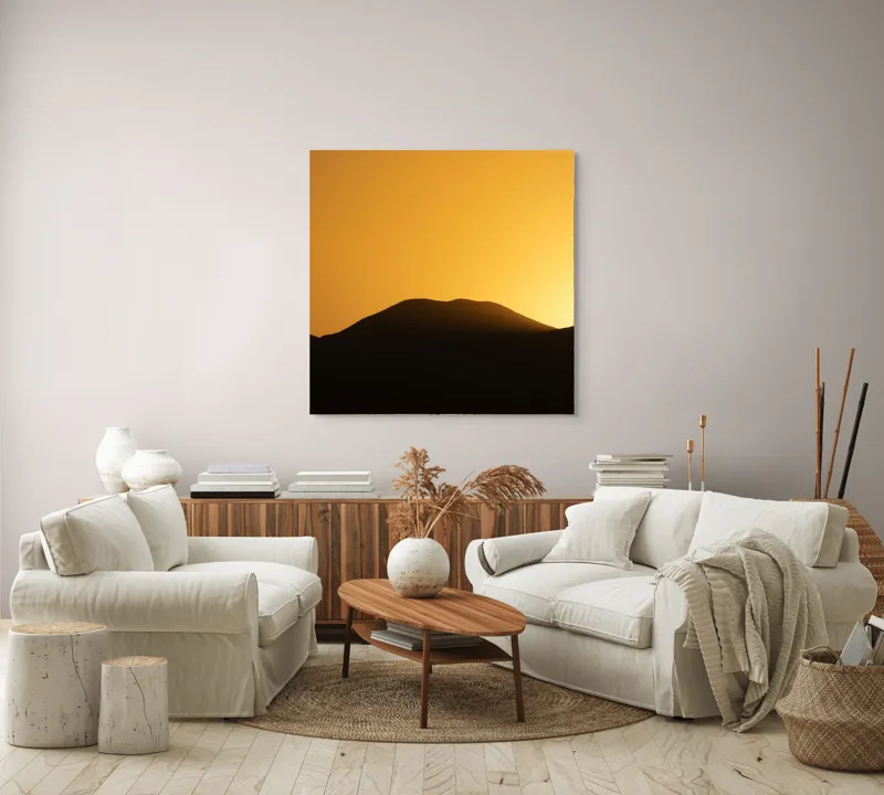 Tablou Canvas, "Apus de soare peste coline întunecate", Apus, Siluetă, Coline, Aurie, Tranquilitate, 100 x 100 cm – poza 3
