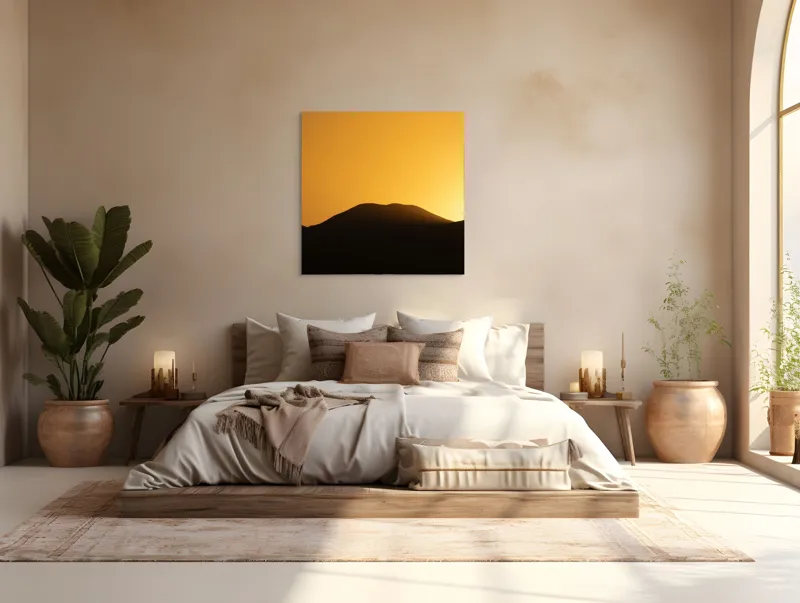 Tablou Canvas, "Apus de soare peste coline întunecate", Apus, Siluetă, Coline, Aurie, Tranquilitate, 100 x 100 cm – poza 4