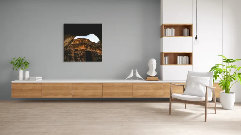 Tablou Canvas, "Privire spre cer din canion", Stânci, Cer, Peșteră, Textură, Umbră, Lumină, Natură, Dramatic, Contrast, Orizont., 100 x 100 cm – poza 8