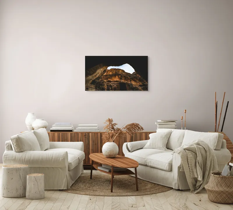 Tablou Canvas, "Privire spre cer din canion", Stânci, Cer, Peșteră, Textură, Umbră, Lumină, Natură, Dramatic, Contrast, Orizont., 90 x 50 cm – poza 4