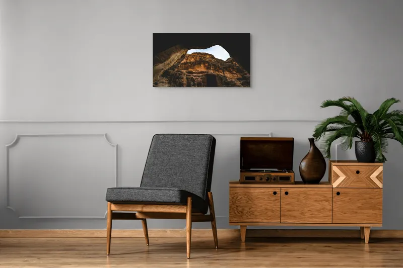 Tablou Canvas, "Privire spre cer din canion", Stânci, Cer, Peșteră, Textură, Umbră, Lumină, Natură, Dramatic, Contrast, Orizont., 90 x 50 cm – poza 6