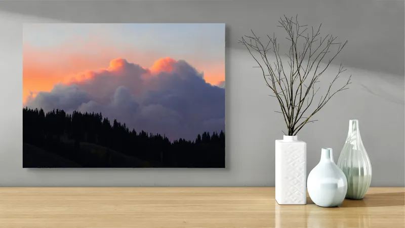 Tablou Canvas, "Munți în tăcerea amurgului colorat", Nor, Apus, Siluetă, Pădure, Cer, Culori, Peisaj, 70 x 50 cm – poza 3