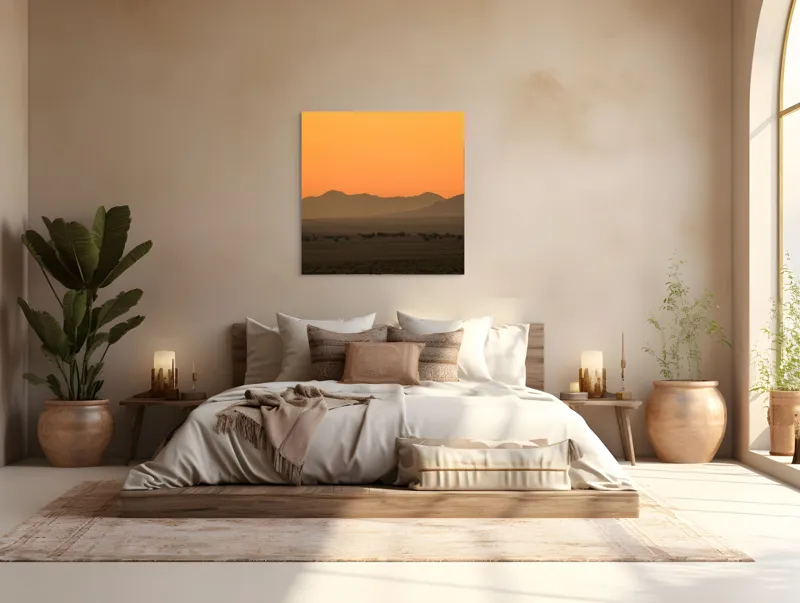Tablou Canvas Deșert în lumina amurgului aurie cu siluete de munți și pădure, 100 x 100 cm – poza 4