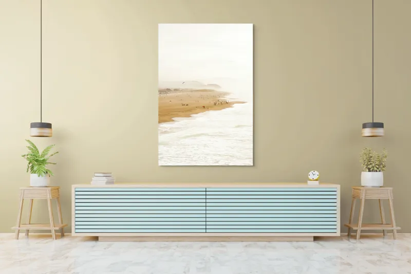 Tablou Canvas, "Plajă însorită la apus liniștit", Plajă, Valuri, Culoare, Vânt, Cer, Nisip, Peisaj, Oameni, Liniște, Natură, 100 x 150 cm – poza 4
