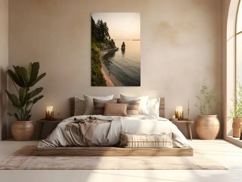 Tablou Canvas, "Plimbare pe faleza la apus", Pace, Apus, Ocean, Stâncă, Potecă, Copaci, Solitudine, Liniște, Natură, Orizont., 100 x 150 cm – poza 3