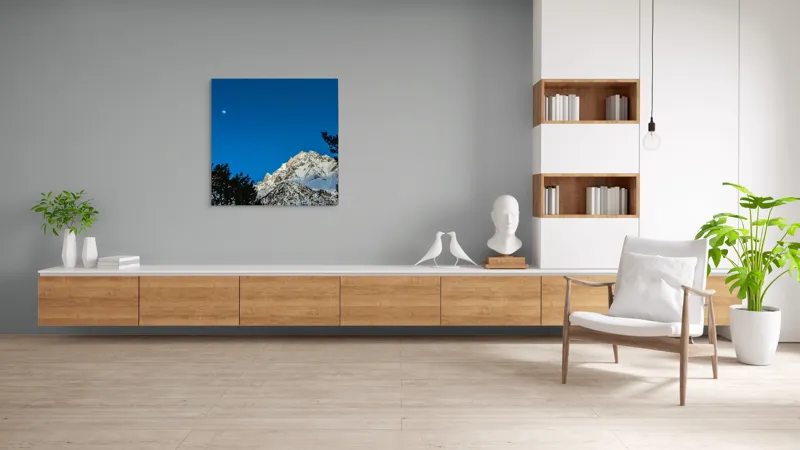 Tablou Canvas, "Luna plină deasupra piscurilor înzăpezite", Munți, Zăpadă, Lună, Cer, Siluetă, Brazi, Înălțime, Albastru, 100 x 100 cm – poza 8