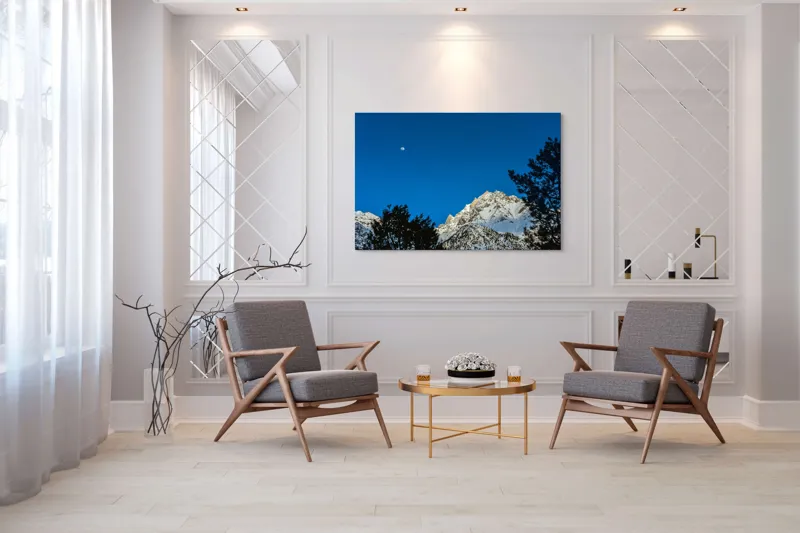 Tablou Canvas, "Luna plină deasupra piscurilor înzăpezite", Munți, Zăpadă, Lună, Cer, Siluetă, Brazi, Înălțime, Albastru, 150 x 100 cm – poza 7