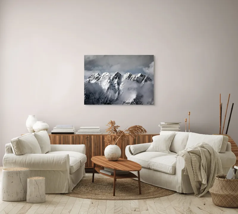 Tablou Canvas, "Muntele învăluit de nori albi", Colosal, Înzăpezit, Grandios, Impunător, Pitoresc, Înghețat, Majestic, Noros, Magnific, Rece, 100 x 70 cm – poza 3