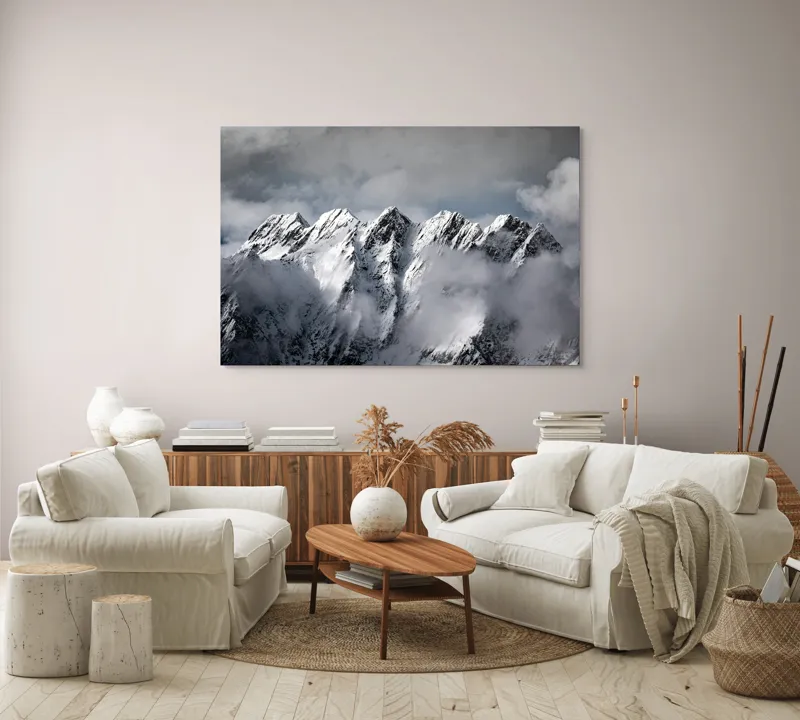 Tablou Canvas, "Muntele învăluit de nori albi", Colosal, Înzăpezit, Grandios, Impunător, Pitoresc, Înghețat, Majestic, Noros, Magnific, Rece, 150 x 100 cm – poza 3