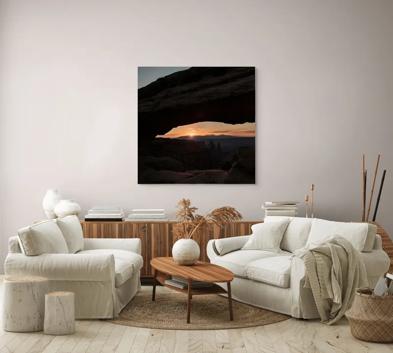 Tablou Canvas, "Răsărit sub arcul stâncos tacut", Piatră, Arcuire, Zori, Peisaj, Umbre, Munți, Cer, Lumină, Răsărit, Natural., 100 x 100 cm – poza 3