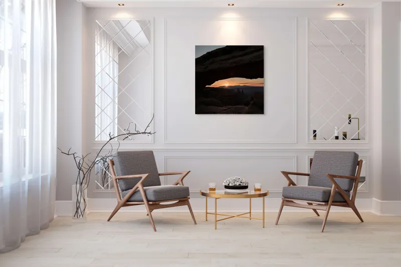 Tablou Canvas, "Răsărit sub arcul stâncos tacut", Piatră, Arcuire, Zori, Peisaj, Umbre, Munți, Cer, Lumină, Răsărit, Natural., 100 x 100 cm – poza 7