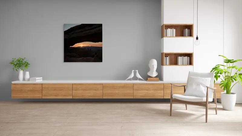 Tablou Canvas, "Răsărit sub arcul stâncos tacut", Piatră, Arcuire, Zori, Peisaj, Umbre, Munți, Cer, Lumină, Răsărit, Natural., 100 x 100 cm – poza 8