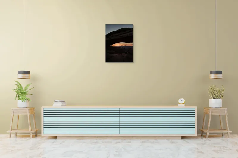 Tablou Canvas, "Răsărit sub arcul stâncos tacut", Piatră, Arcuire, Zori, Peisaj, Umbre, Munți, Cer, Lumină, Răsărit, Natural., 50 x 70 cm – poza 6