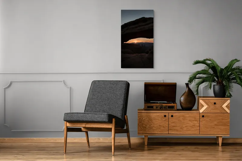 Tablou Canvas, "Răsărit sub arcul stâncos tacut", Piatră, Arcuire, Zori, Peisaj, Umbre, Munți, Cer, Lumină, Răsărit, Natural., 50 x 90 cm – poza 8