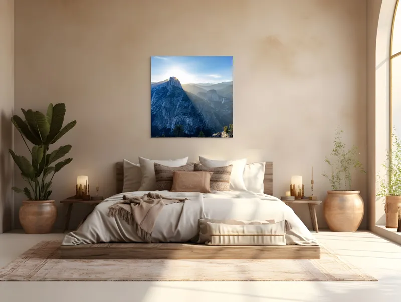 Tablou Canvas, "Răsăritul peste stânca solitară", Munte, Apus, Vârf, Umbre, Peisaj, Pădure, Cer, Natură, Frumusețe, Lumină, 100 x 100 cm – poza 4