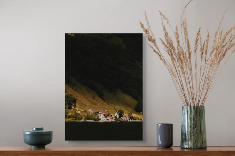 Tablou Canvas pe temă de peisaj montan, căsuțe pitorești, 39 x 54 cm