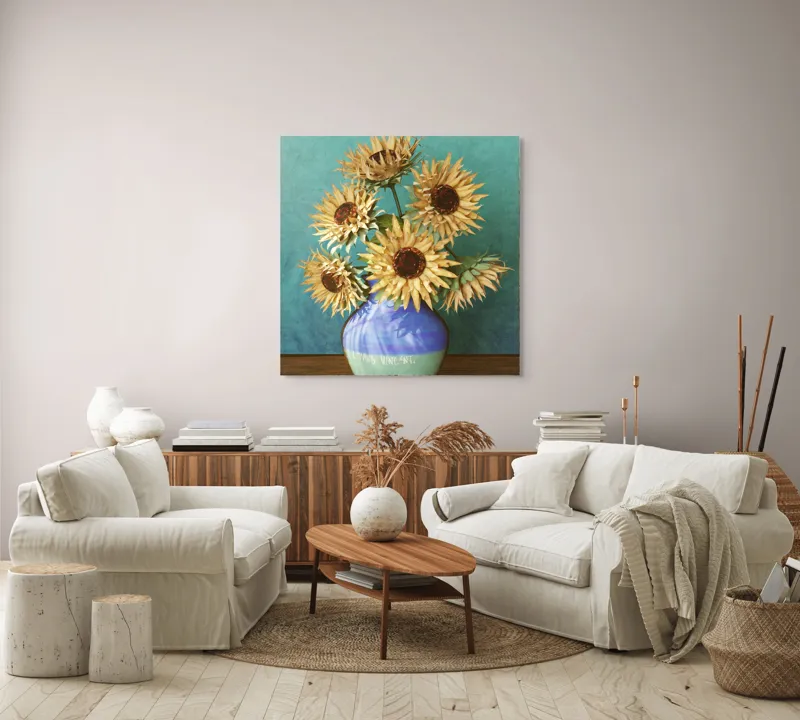 Tablou Canvas, "Flori de soare în vaza albastră", Nu știu cine este în imagine. Floarea-Soarelui, Vază, Albastru, Pictură, Textură, Umbră, Natură, Artistic., 100 x 100 cm – poza 3